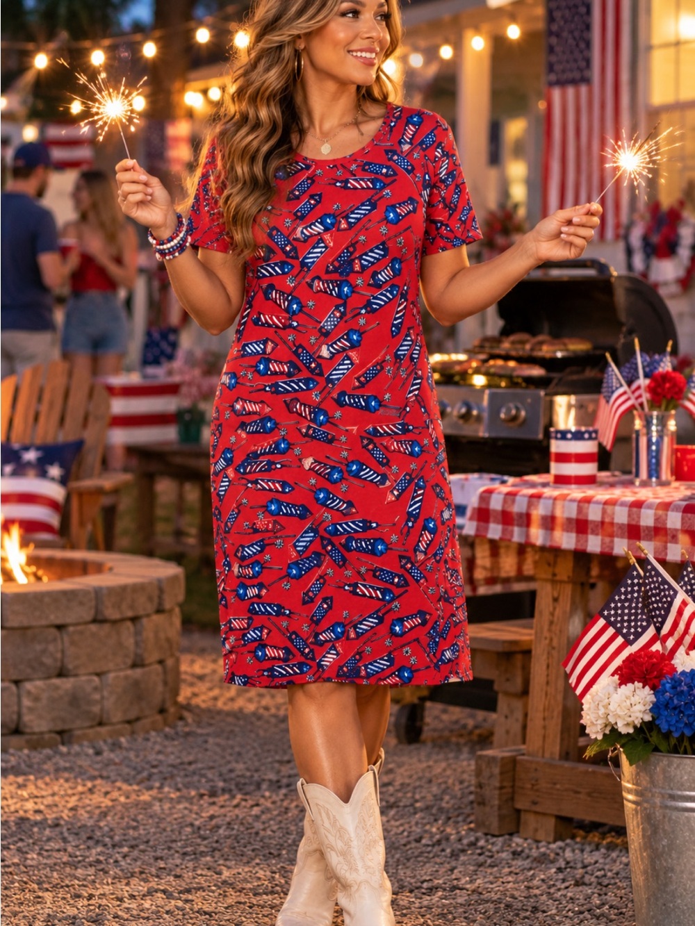 LuLaRoe Red Patriotic Firecracker Print Short-Sleeve Dress